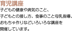 育児講座：子どもの健康や病気のこと、子どもとの接し方、食事のこと母乳指導、おもちゃ作りなどいろいろな講座を開催しています。
